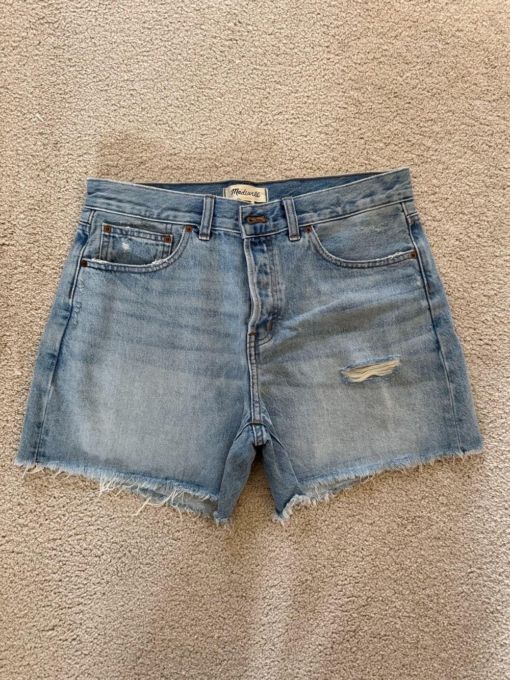 Madewell Brynn Long Shorts Blue Denim Cutoff Shorts with Frayed Hem